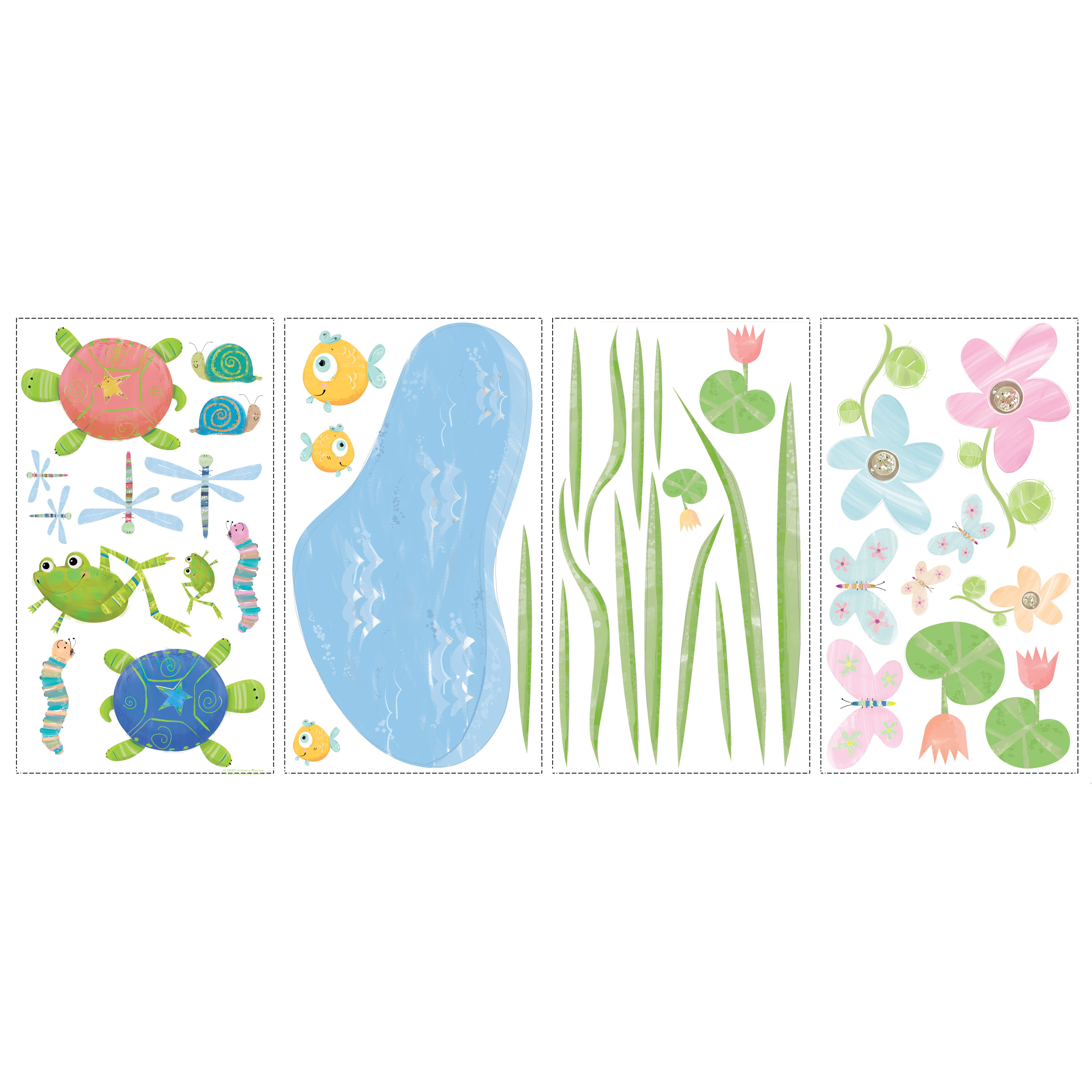 RoomMates wall decal Hoppy Pond, four decal sheets with pond, turtle, grass and flower motifs on a white background
