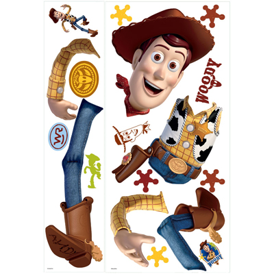 RoomMates Wandbild Disney Pixar Toy Story Woody, zwei Klebebögen mit der Woody-Figur und Cowboy-Ausrüstungs-Motiven auf weißem Untergrund