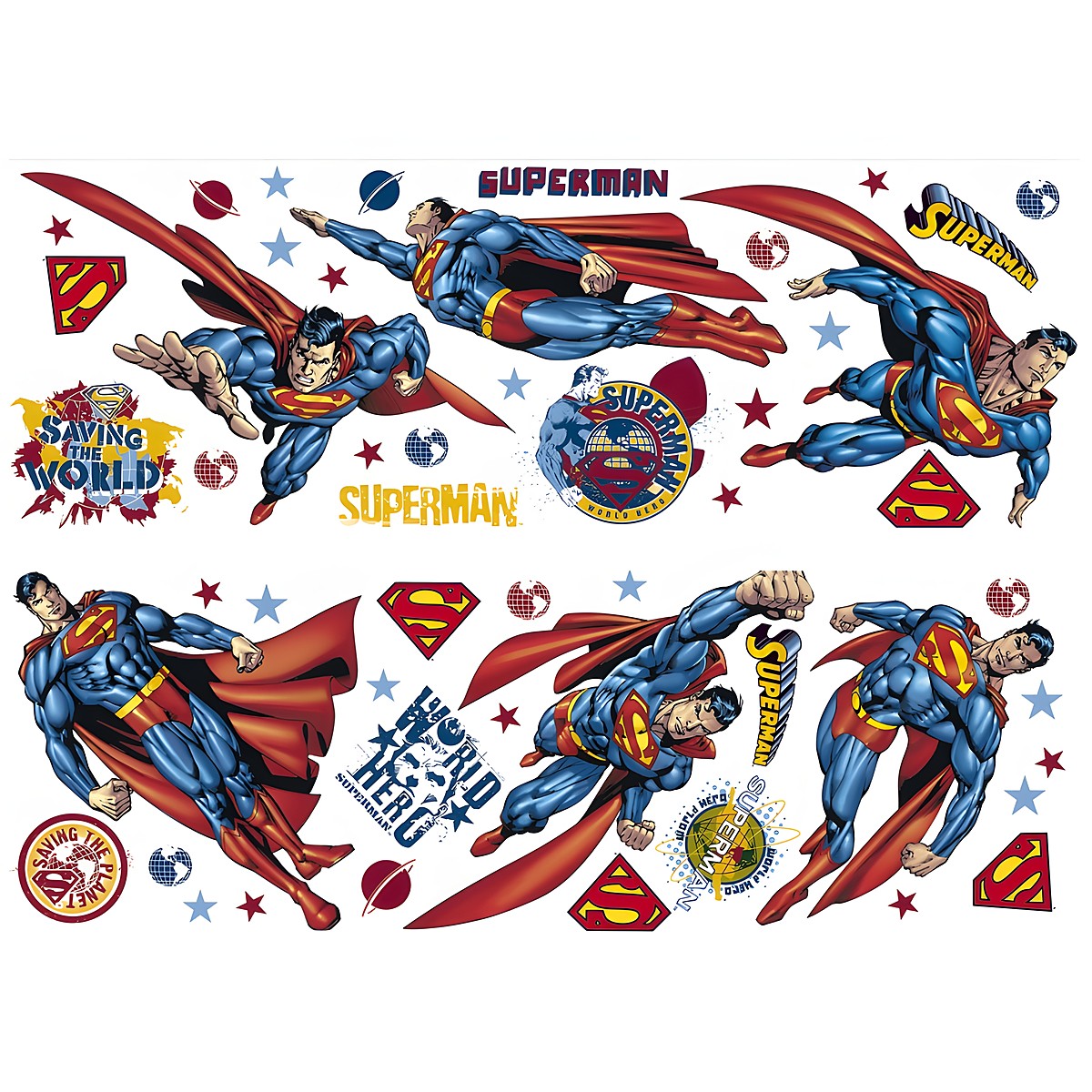 decofun Wandsticker Superman, mehrere fliegende Superman-Figuren, Schild-Logos, Sterne und Schriftzug 'Saving The World'