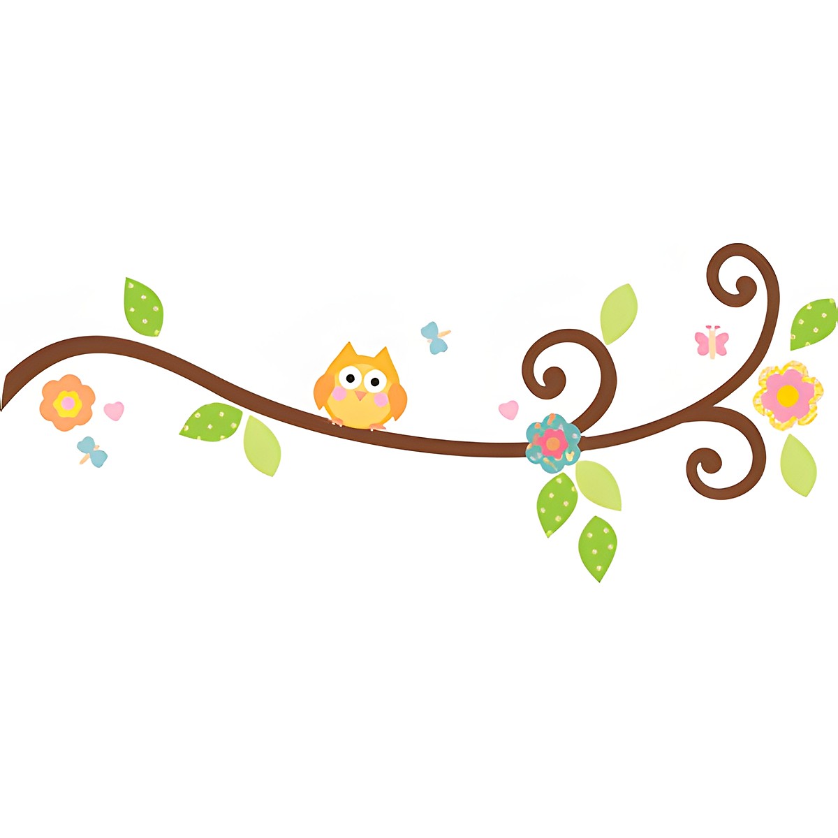 RoomMates Wandbild Happi Scroll Branch, Klebebogen mit geschwungenem Ast, Eulen-Motiv und Blüten auf weißem Untergrund