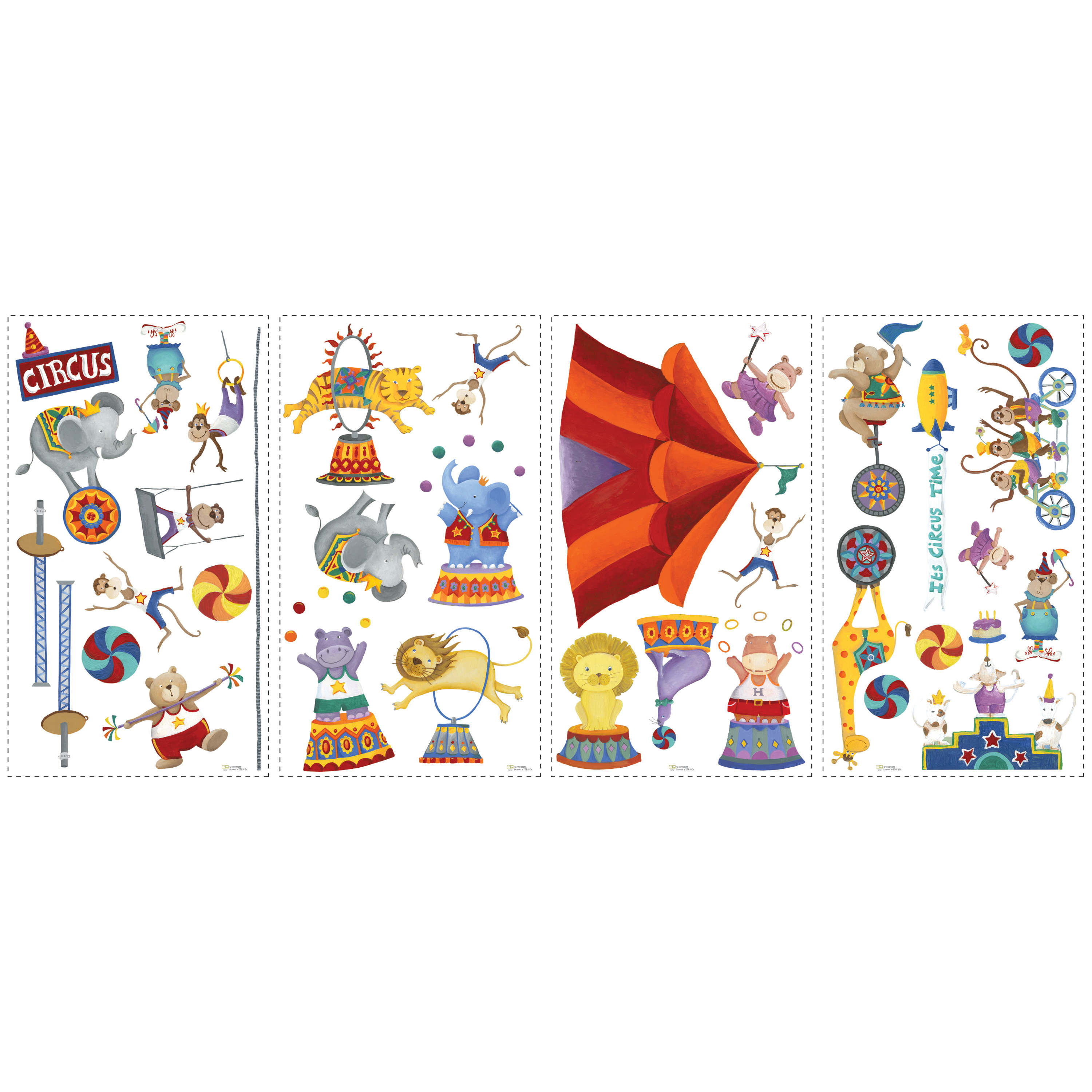 RoomMates wall decal Circus, four decal sheets with colourful circus animal and tent motifs on a white background