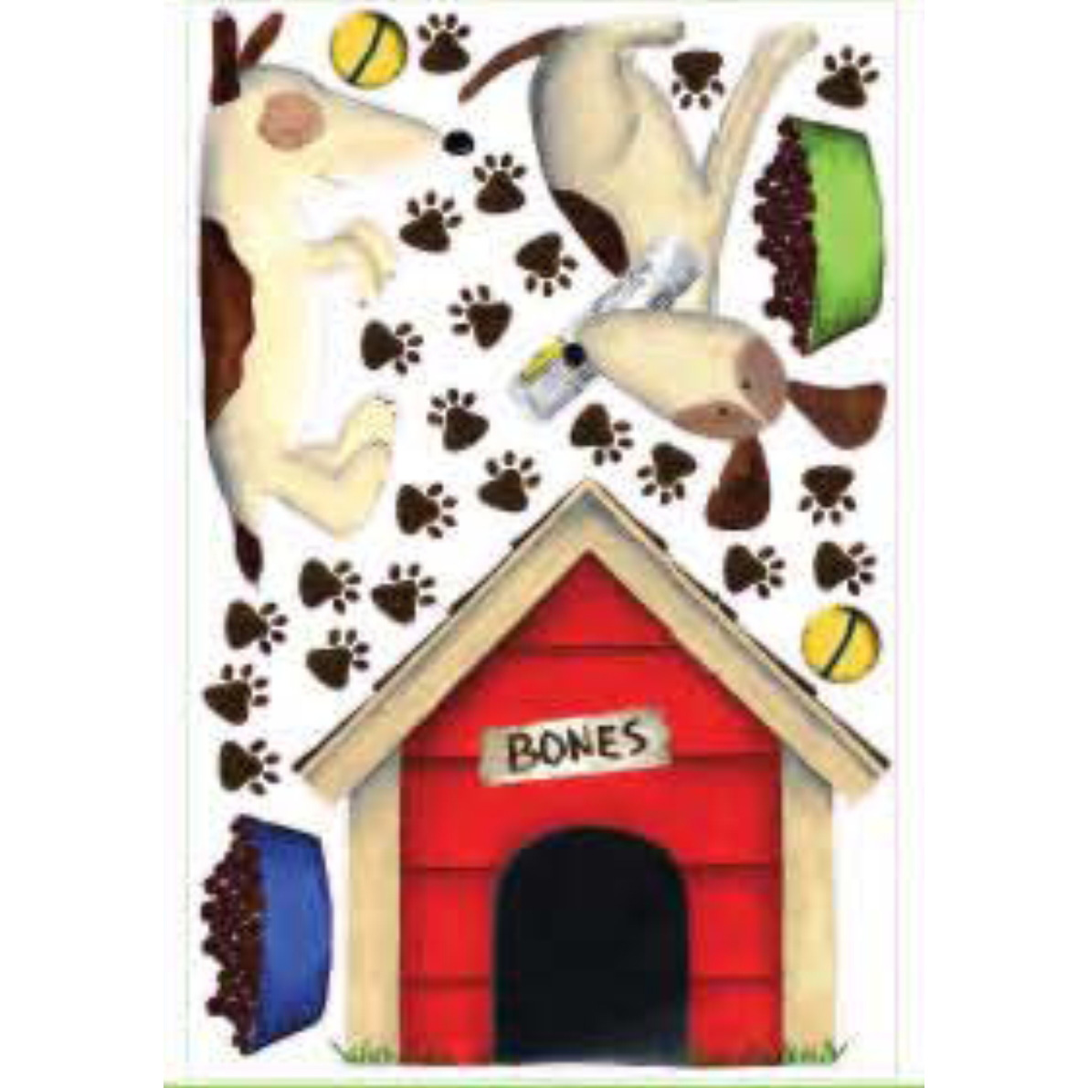 RoomMates wall decal Doggie Treats, decal sheet with dog motifs, a doghouse with Bones lettering and paw prints on a white background
