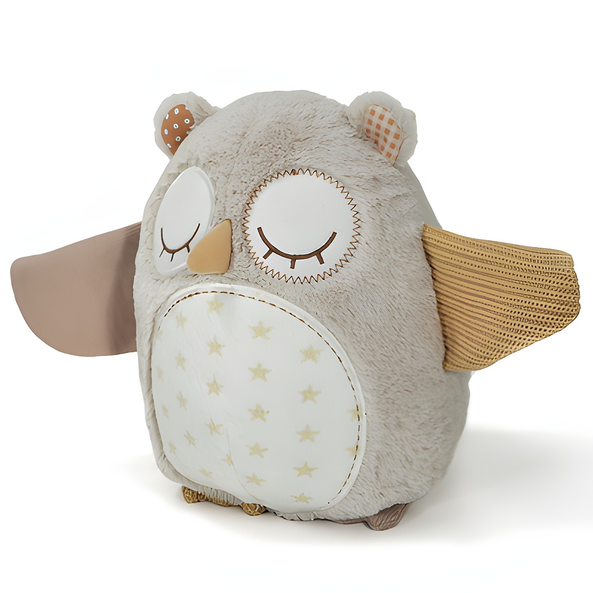 Cloud b Einschlafhilfe Nighty Night Owl, beige-graues Eulen-Kuscheltier mit geschlossenen Augen, Frontansicht