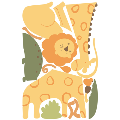 RoomMates wall decal Zoo Animals, decal sheet with elephant, lion and giraffe in yellow and orange tones, isolated on a white background