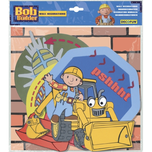 decofun wall decoration Bob the Builder packaging, Bob on his yellow digger against a brick wall motif