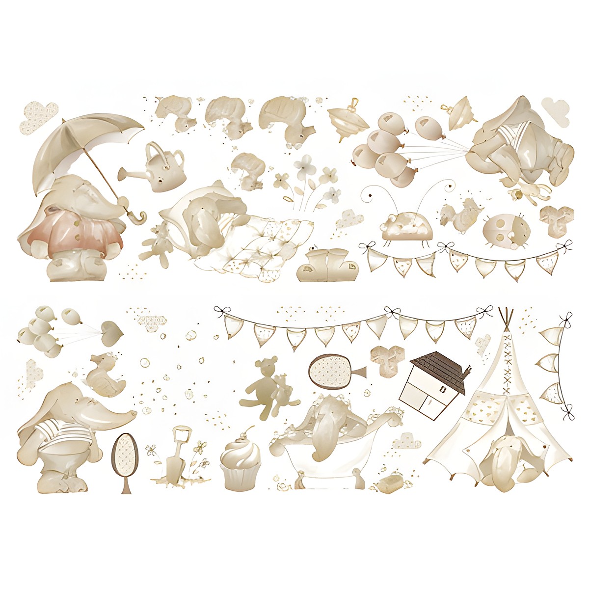 graham & brown Wandsticker Eleflump, flacher Klebebogen mit Elefant, Regenschirm, Girlande und Kuscheltieren in Beige