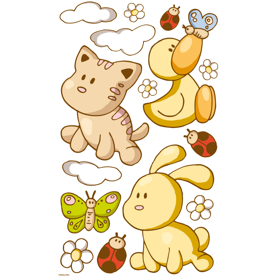 Dinico sticker set Streichelzoo, cat, duckling and rabbit with clouds, flowers, ladybirds and a butterfly