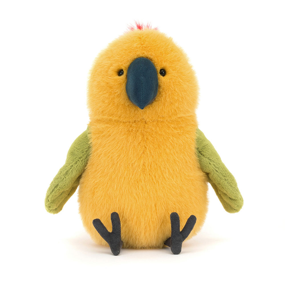 Jellycat Kuscheltier Papagei Budgeby Parrot, gelbes Plüschtier mit dunkelblauem Schnabel, sitzend