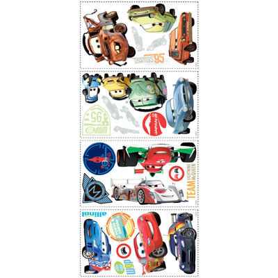 RoomMates Wandsticker Disney Pixar Cars, vier Klebebögen mit verschiedenen Cars-Figuren und Team-95-Motiven auf weißem Untergrund