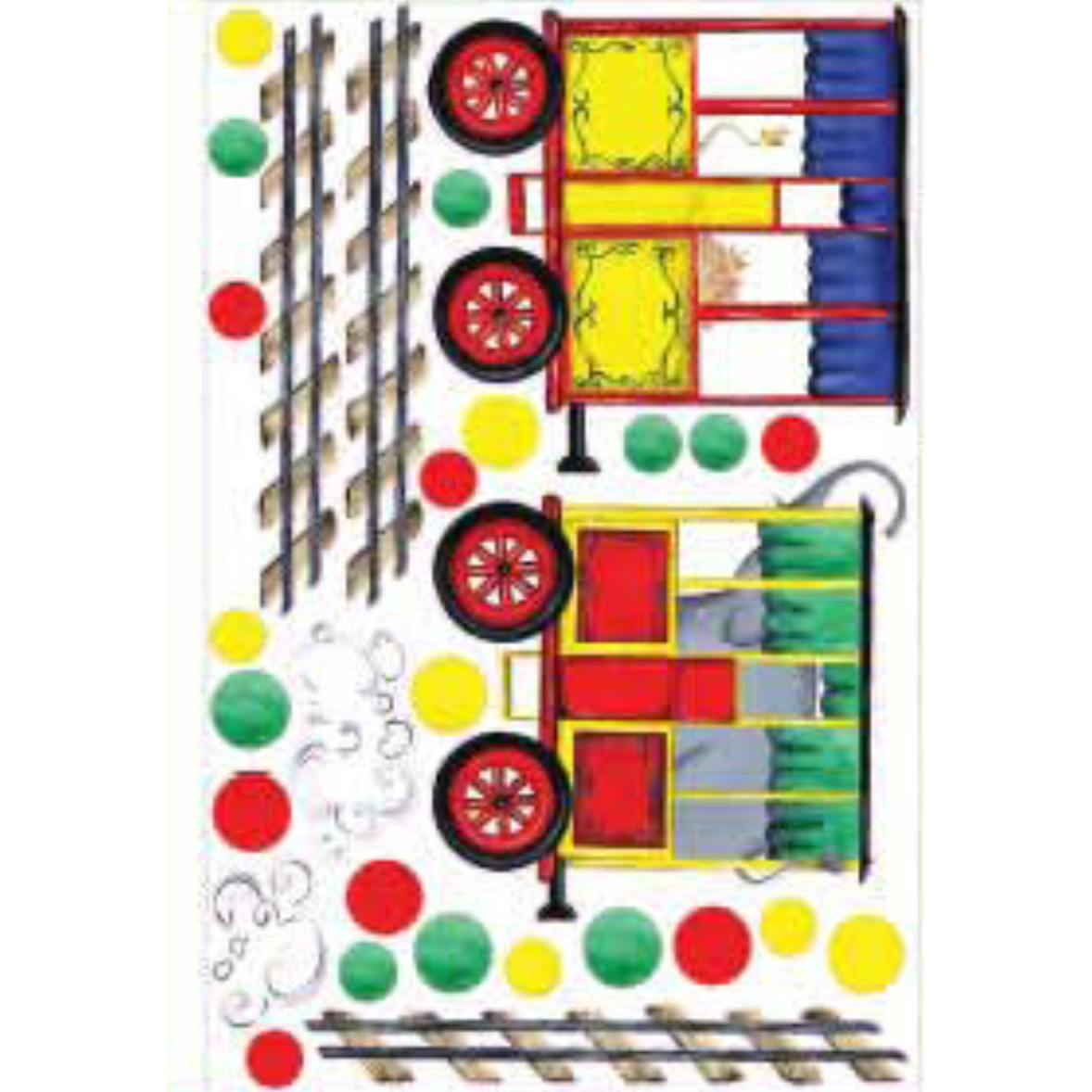 RoomMates wall decal All Aboard, decal sheet with train carriages, tracks and colourful dots on a white background