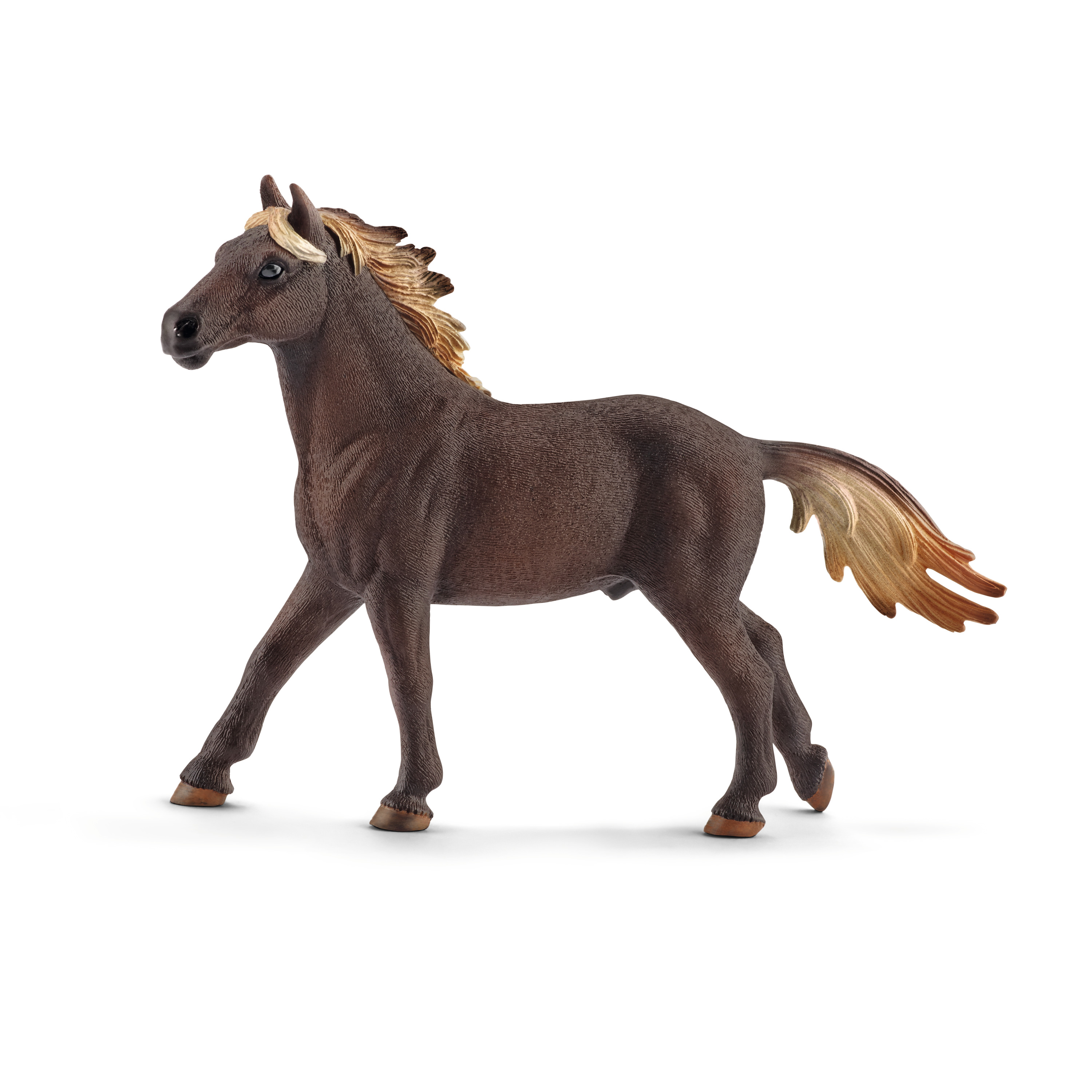 Schleich Farm World Mustang stallion, toy figure with dark brown coat and a light-coloured mane and tail, walking