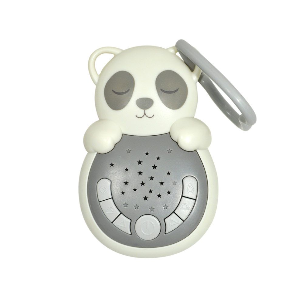 Cloud b sleep aid Sweet Dreamz on the Go panda, white-grey device with star pattern and clip, front view