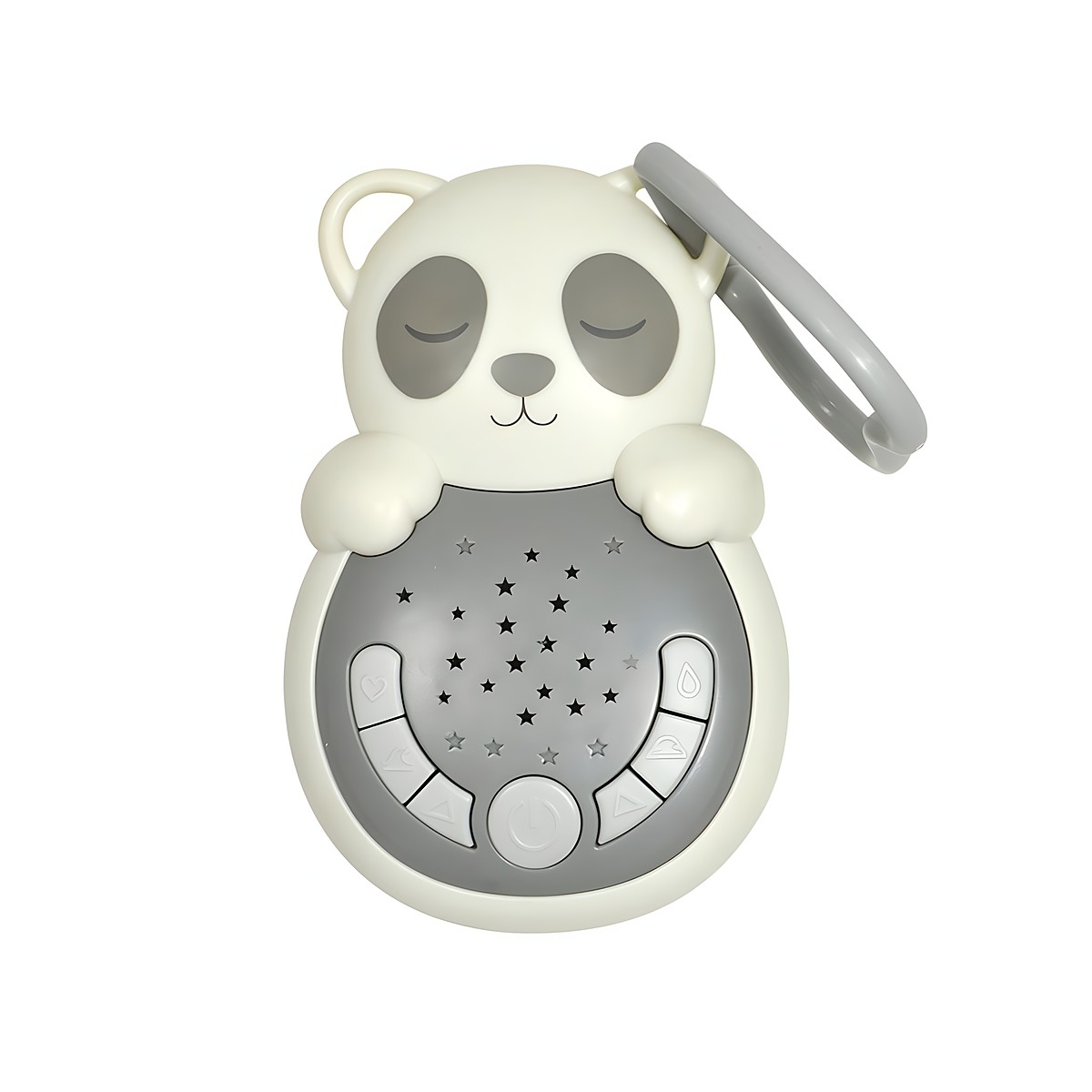Cloud b sleep aid Sweet Dreamz on the Go panda, white-grey device with star pattern and clip, front view