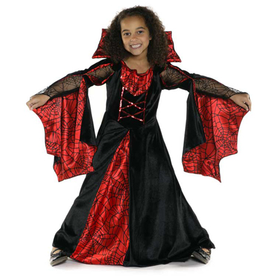 great-pretenders Spinnenkleid rot-schwarz, Kostümkleid mit Spinnennetzmuster, Stehkragen und weiten Trompetenärmeln, Größe M