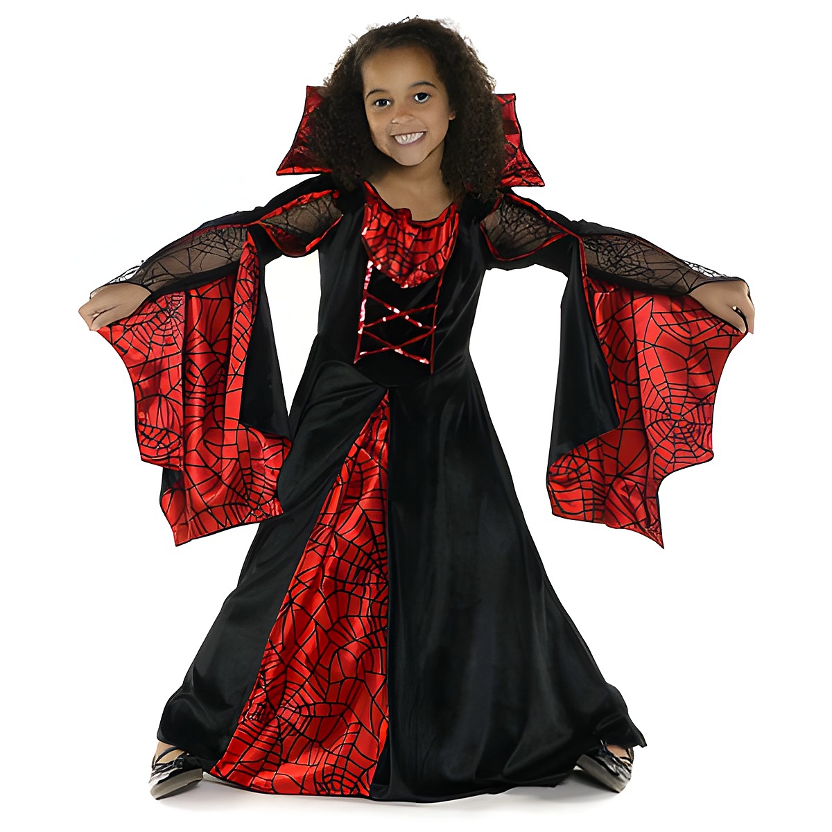 great-pretenders spider dress in red and black, costume dress with a spider-web print, stand-up collar and wide bell sleeves, size M