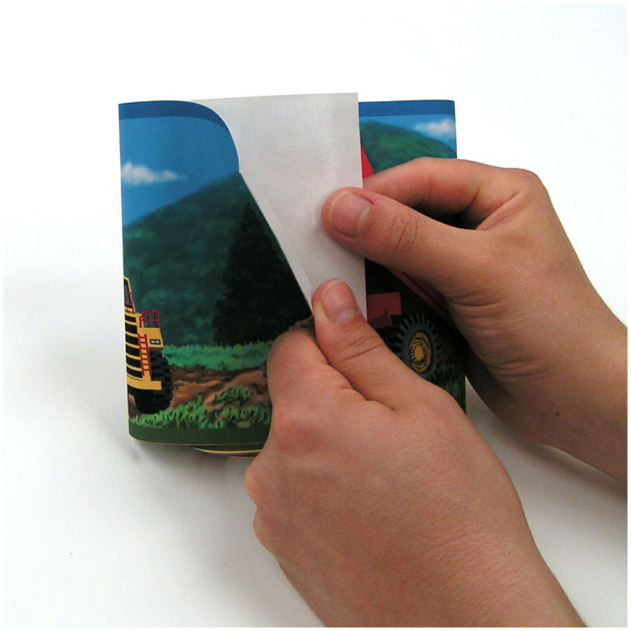 RoomMates border Under Construction, hands folding the border strip with a construction vehicle motif, usage example
