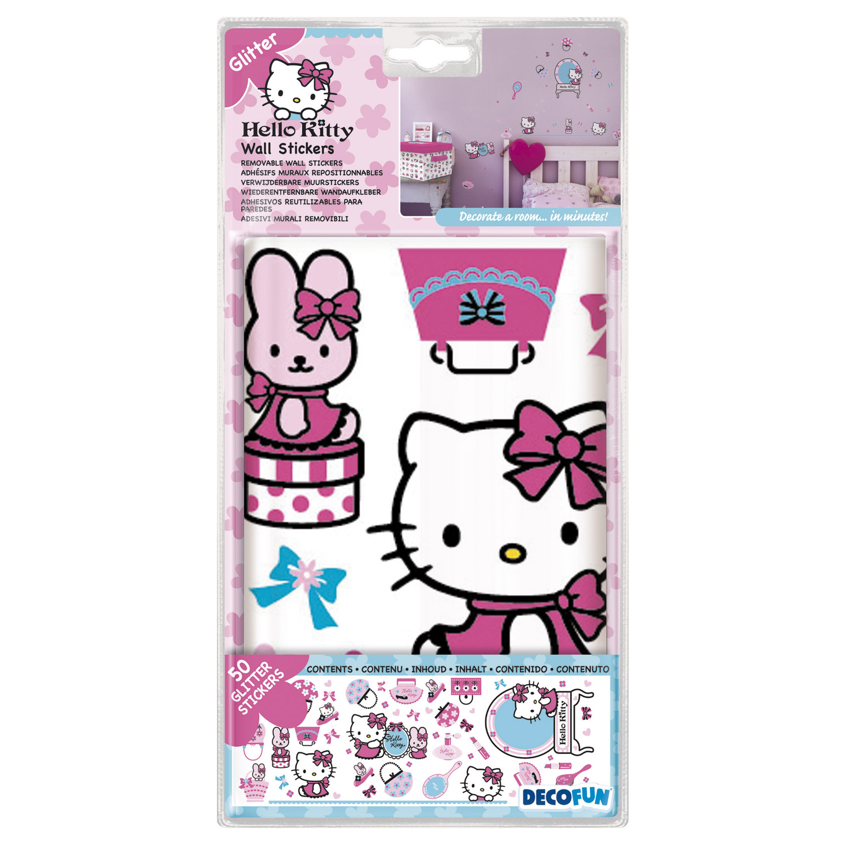 decofun wall decal Hello Kitty glitter packaging, 50 stickers with Hello Kitty and bunny on a blister card