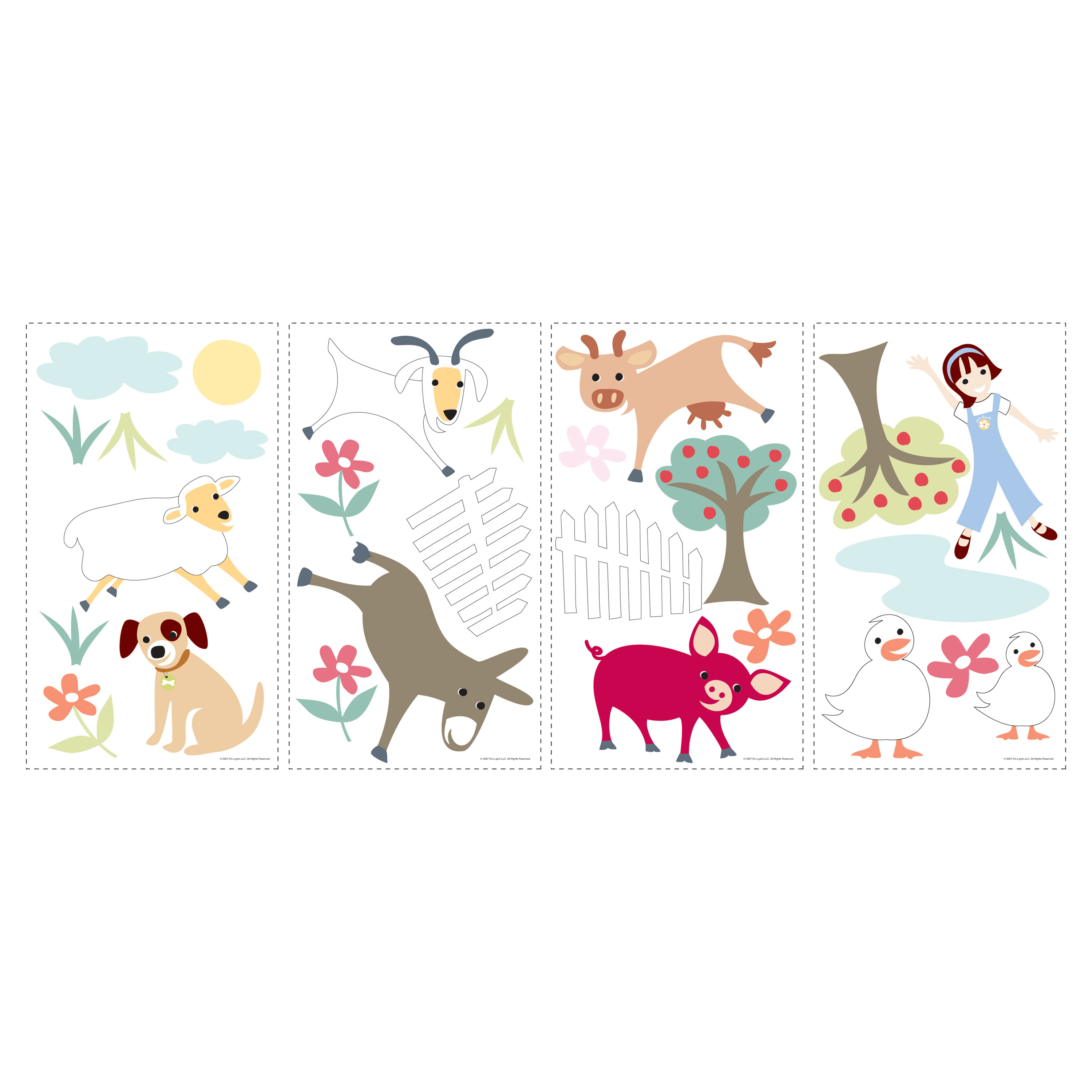 RoomMates wall decal Gem's Friends Farm, four decal sheets with farm animal, tree and fence motifs on a white background