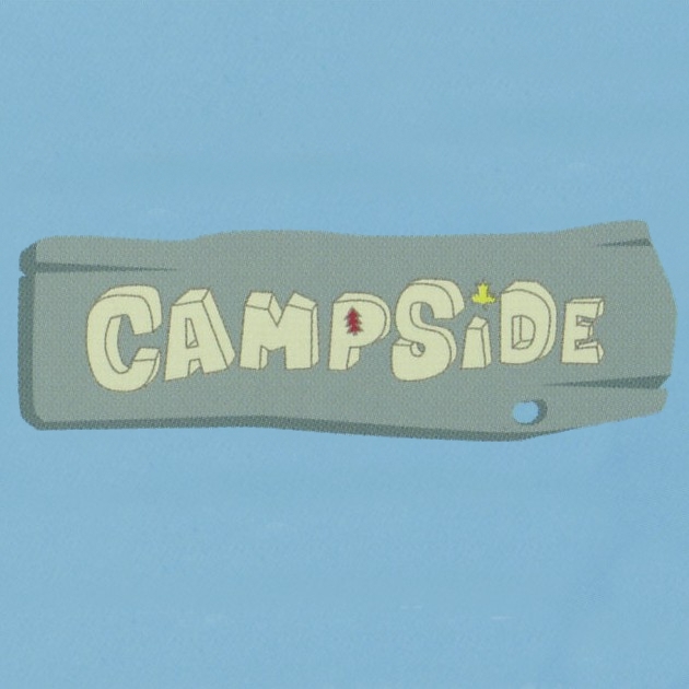 decofun Campside logo, Campside lettering on a grey wooden sign against a blue background