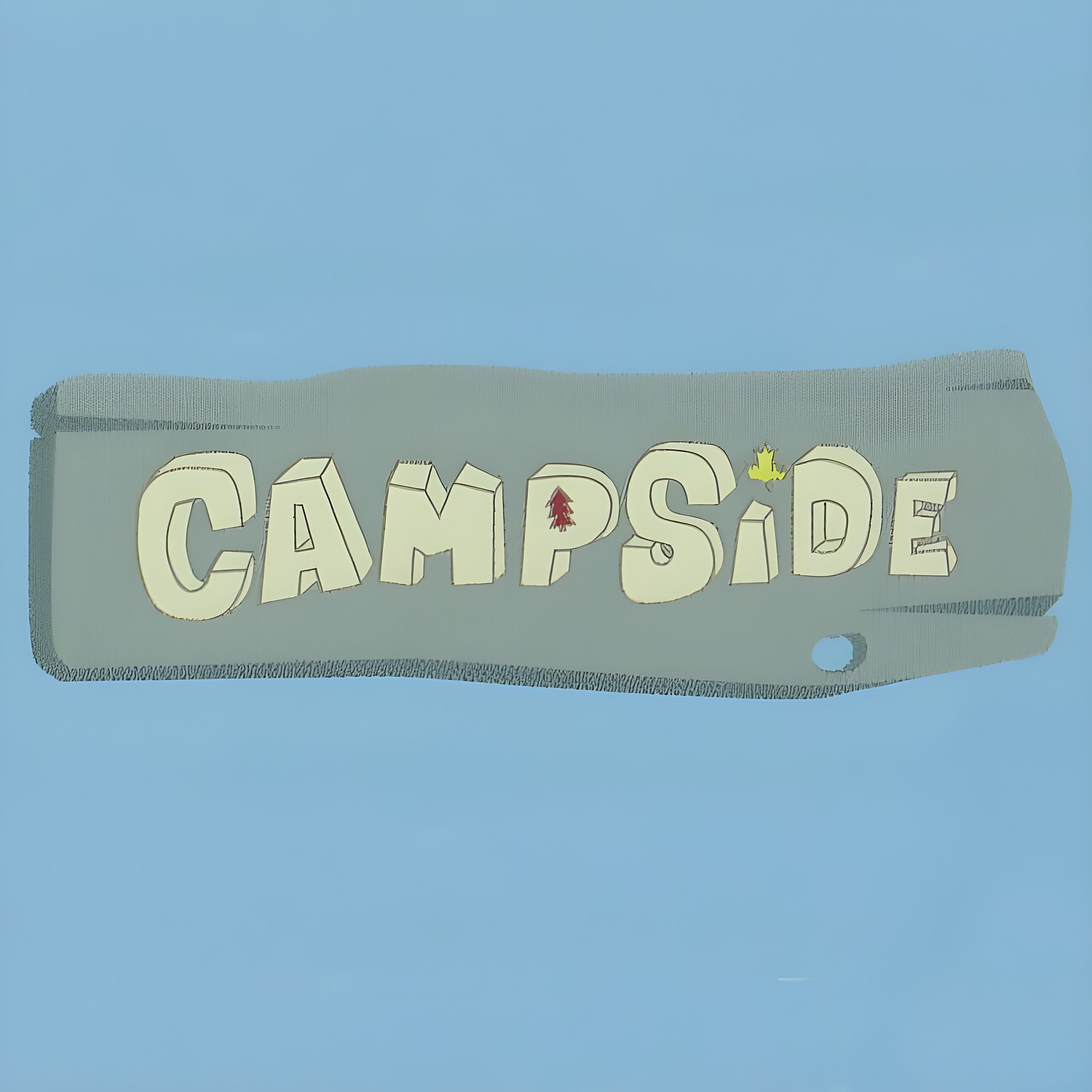 decofun Campside Logo, Schriftzug Campside auf grauem Holzschild vor blauem Hintergrund