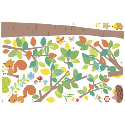 RoomMates wall decal Woodland Animals Tree, decal sheet with tree trunk, squirrel and hedgehog motifs on a white background