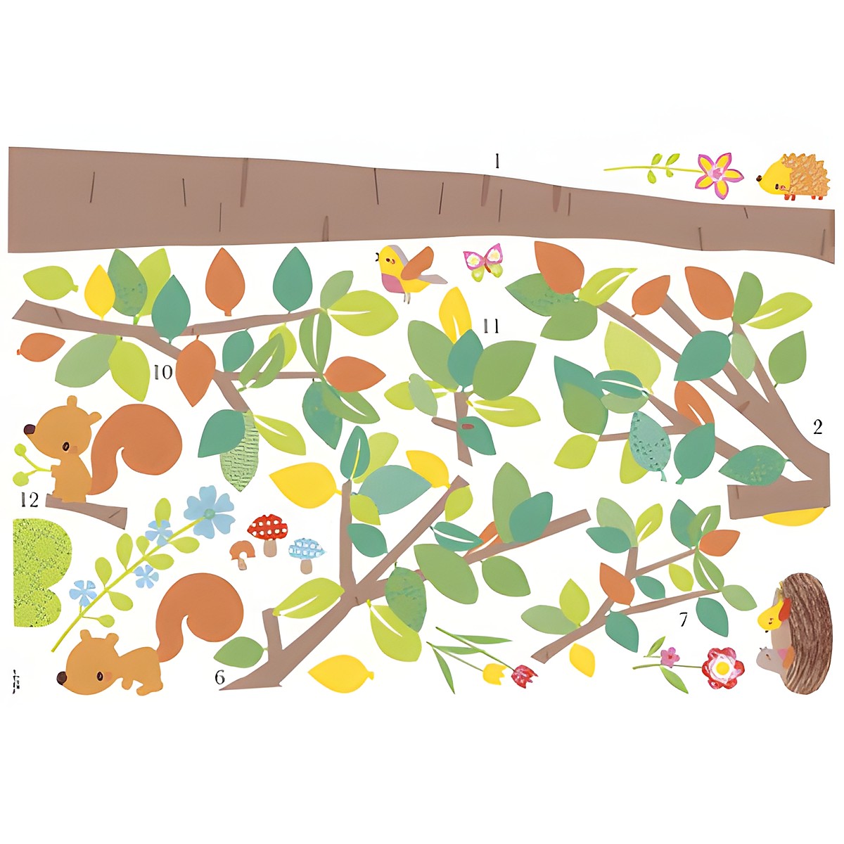 RoomMates Wandbild Woodland Waldtiere Baum, Klebebogen mit Baumstamm, Eichhörnchen und Igel-Motiven auf weißem Untergrund