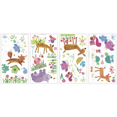 RoomMates wall decal Woodland Baby, four decal sheets with woodland animal, flower and birdhouse motifs on a white background
