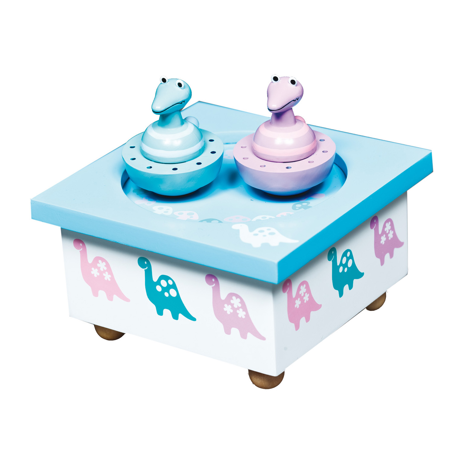 Trousselier Spieluhr Krokodil, hellblaue Holzbox mit Dinosauriermuster und zwei drehenden Krokodilfiguren in Blau und Rosa