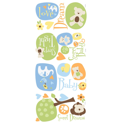 RoomMates wall decal Modern Baby, four decal sheets with baby animal motifs, hearts and lettering on a white background