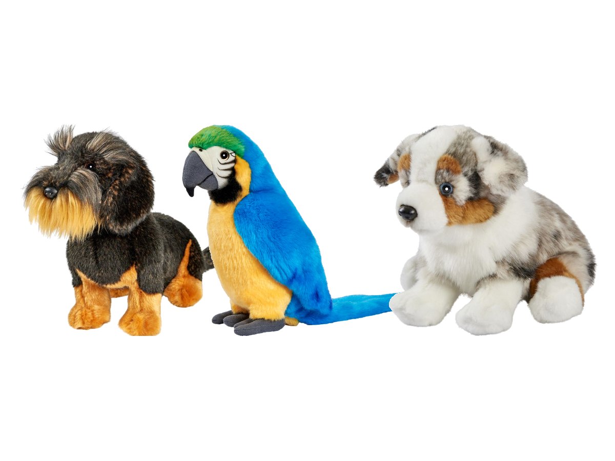 Kuscheltiere von Anima: Dackel, Ara und Australian Shepherd