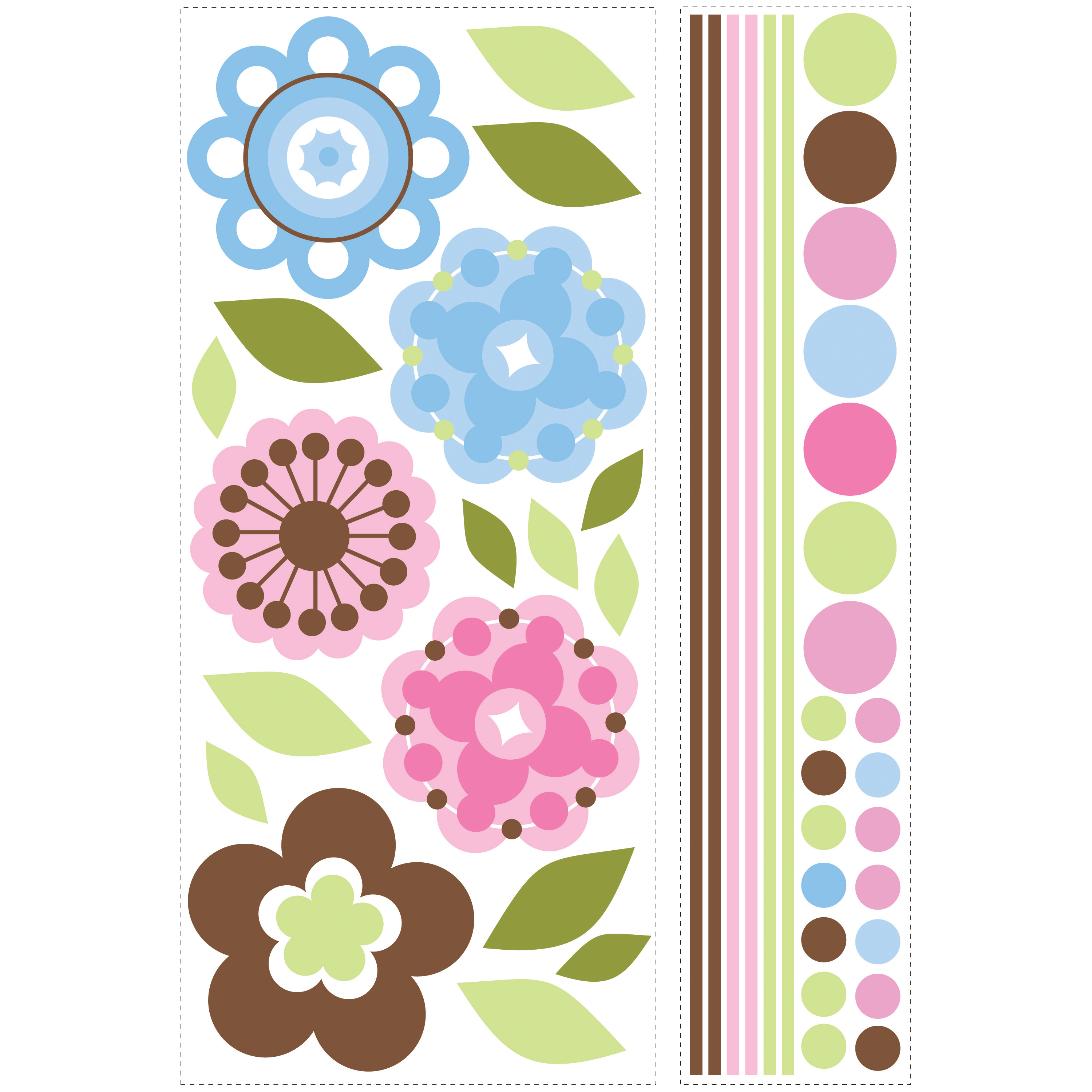 RoomMates wall decal Growing Flowers, decal sheet with graphic flower, leaf and stripe motifs on a white background