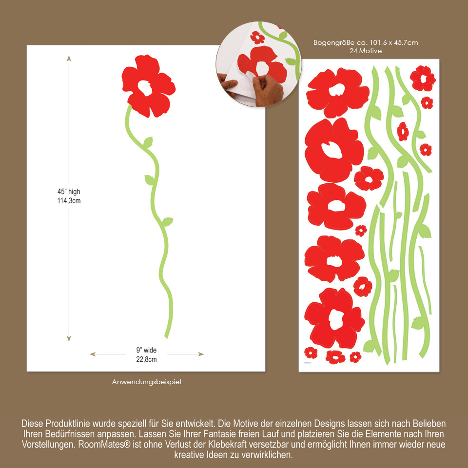 RoomMates wall decal Poppies Peel & Stick, infographic with measurements, motif count and a usage example of the red poppy flower