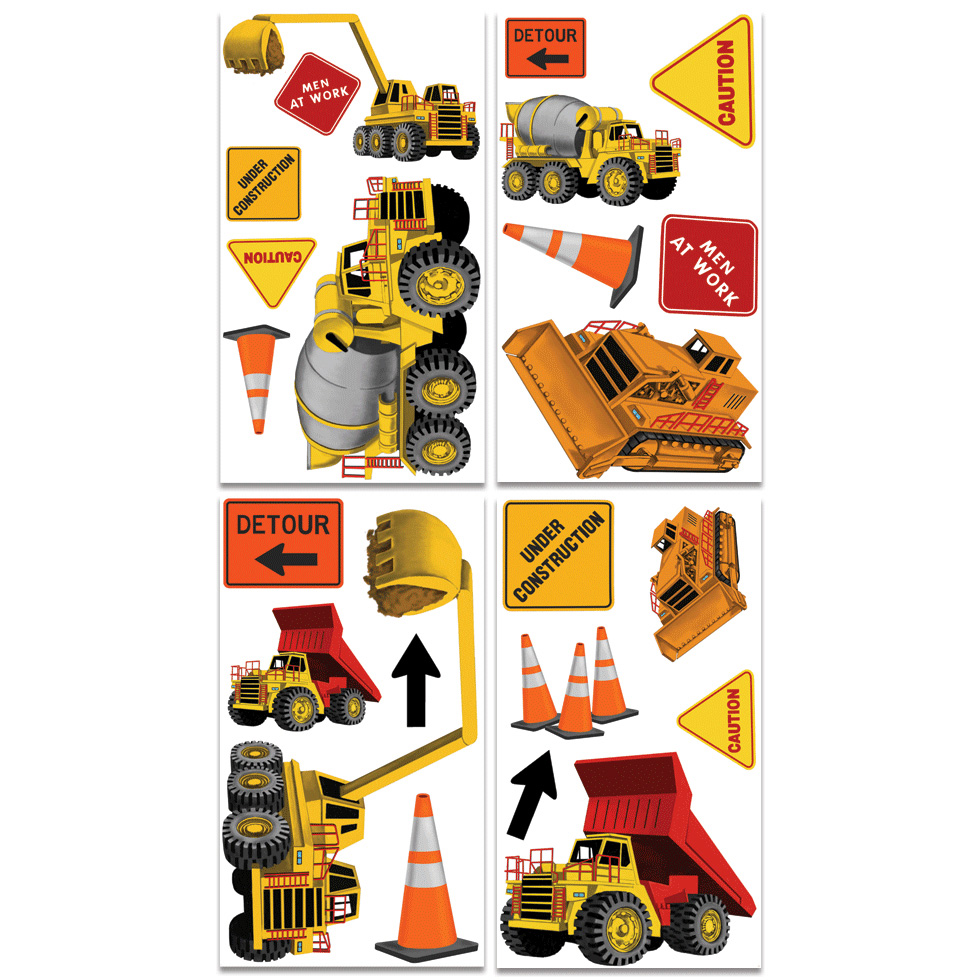 RoomMates wall decal Under Construction, four decal sheets with construction vehicle and warning sign motifs on a white background