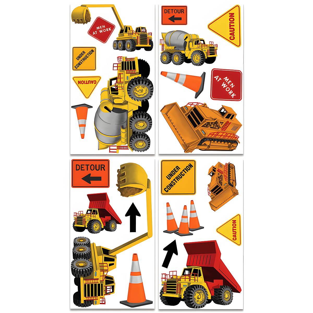 RoomMates Wandsticker Under Construction, vier Klebebögen mit Baustellenfahrzeug- und Warnschild-Motiven auf weißem Untergrund