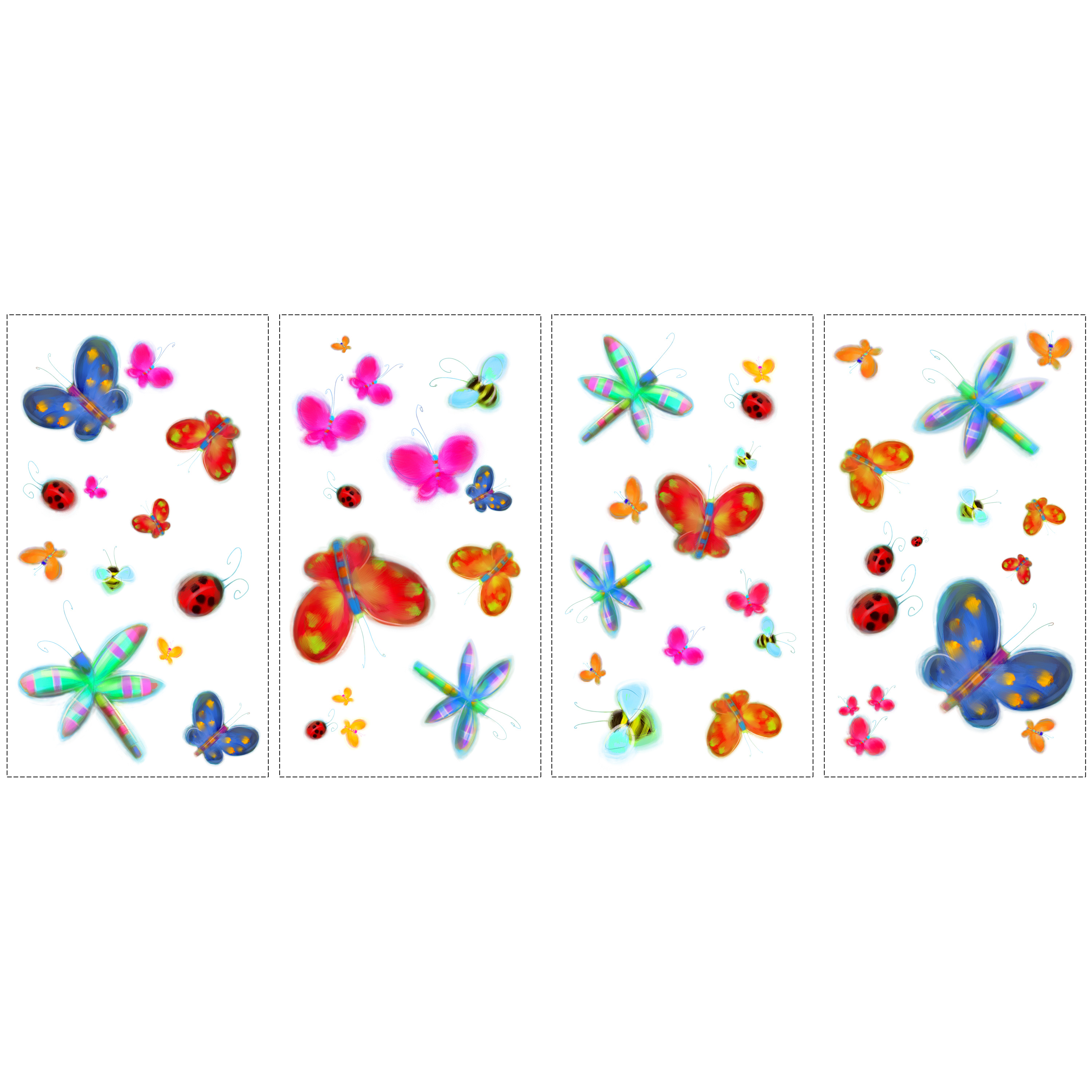RoomMates wall decal Jelly Bugs, four decal sheets with jelly-shimmer butterfly, dragonfly and beetle motifs on a white background