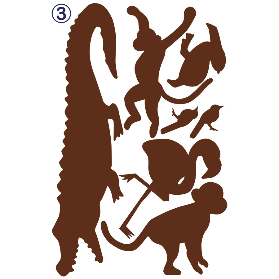 RoomMates wall decal Animal Silhouettes Brown, decal sheet with crocodile, monkey and bird silhouettes on a white background