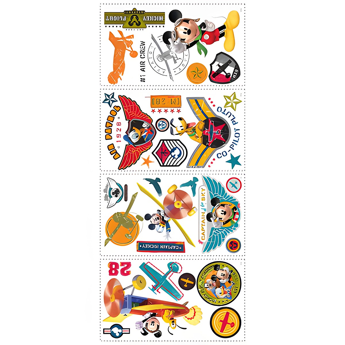 RoomMates Wandsticker Disney Micky Maus Freunde Clubhaus Pilot, vier Klebebögen mit Micky-, Pluto- und Flugzeug-Motiven auf weißem Untergrund