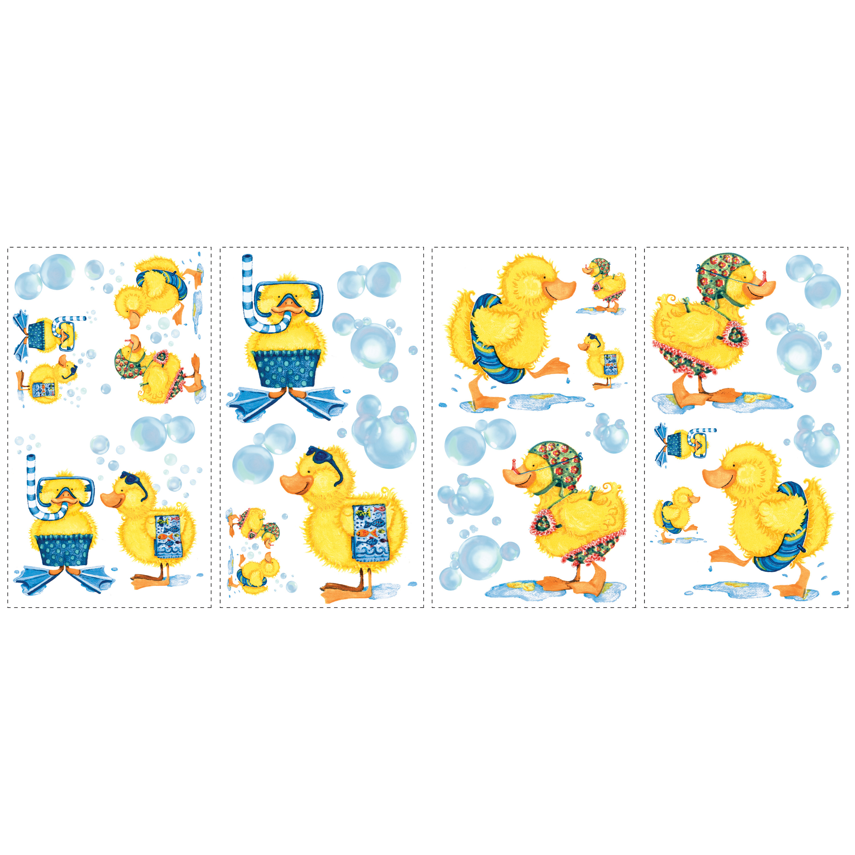 RoomMates wall decal Bubble Bath, four decal sheets with yellow duck motifs and soap bubbles on a white background