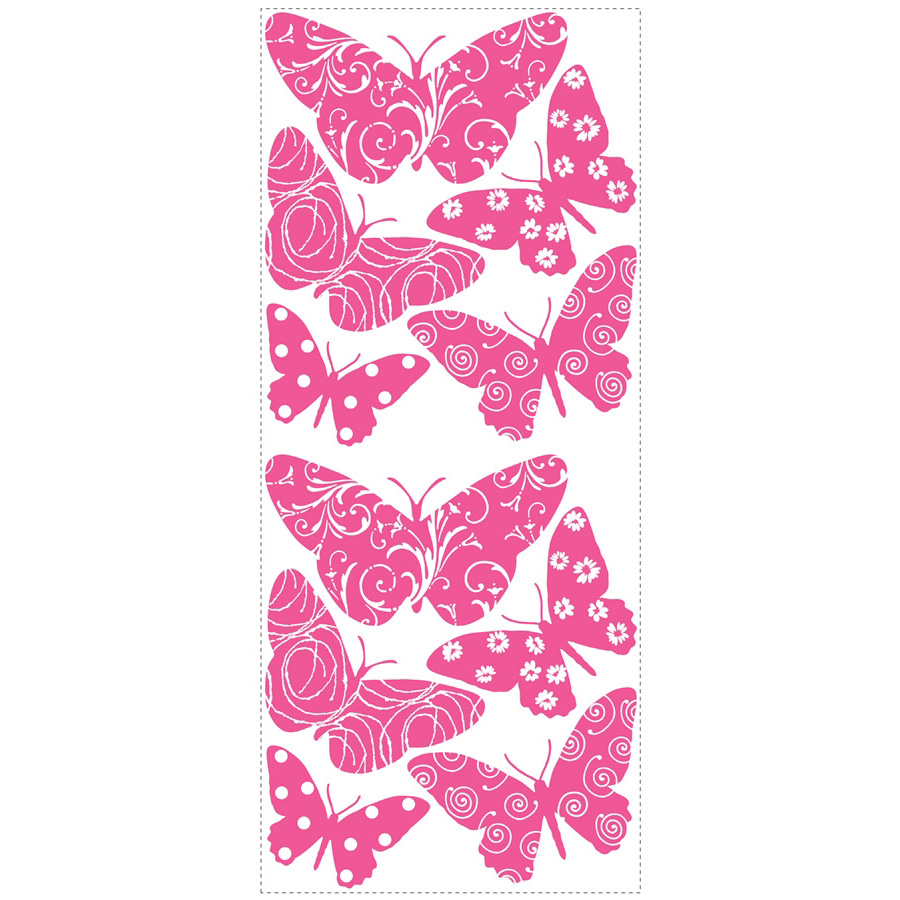 RoomMates wall decal Flocked Butterfly, decal sheet with pink patterned butterfly motifs on a white background