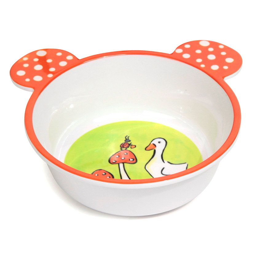 Egmont Toys children's bowl mushrooms, white and red bowl with bear-ear handles, duck and toadstool motif