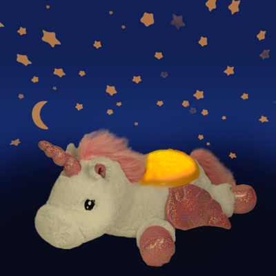 Cloud b sleep aid Twilight Buddies unicorn, glowing plush toy set against a night sky background