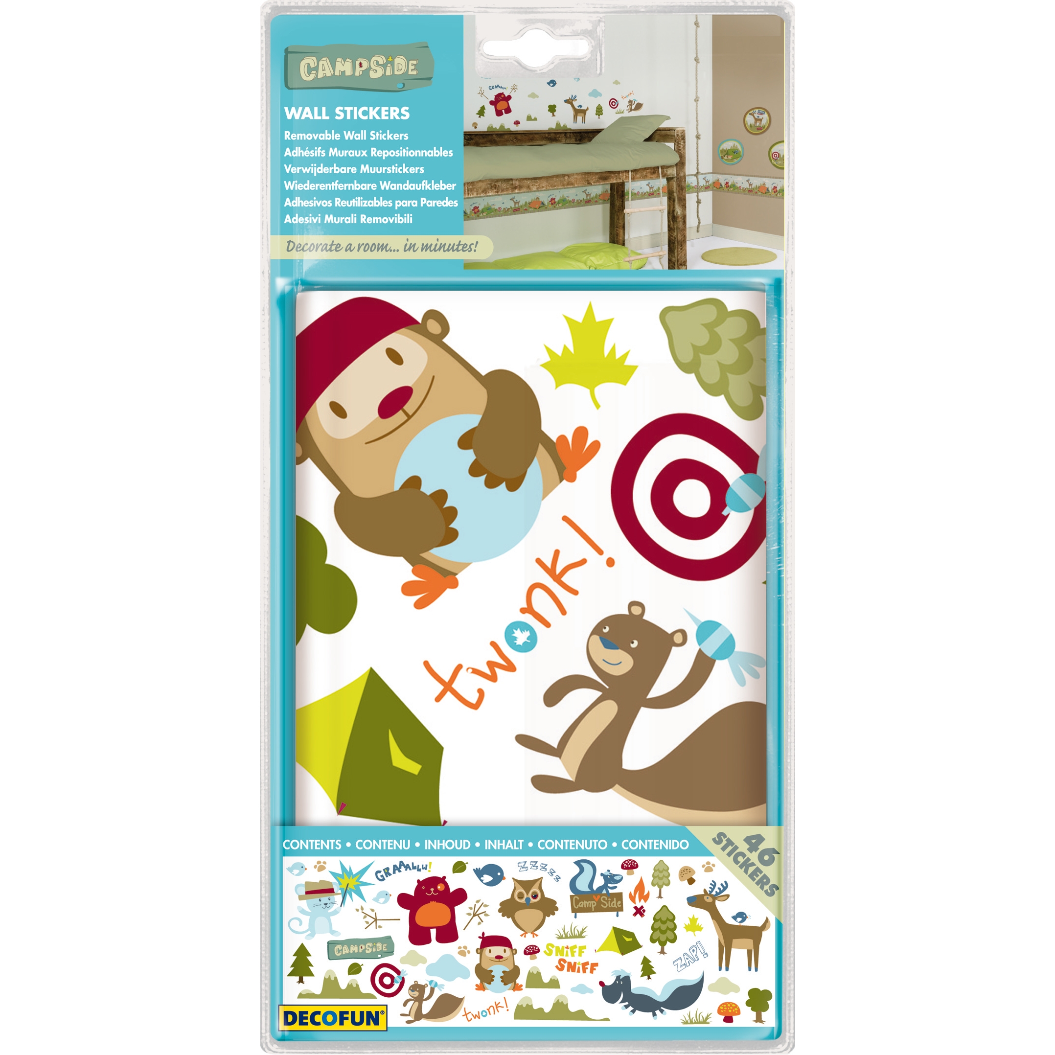 decofun wall decal Campside packaging, bear and squirrel with a target in focus, 44 stickers on a blister card
