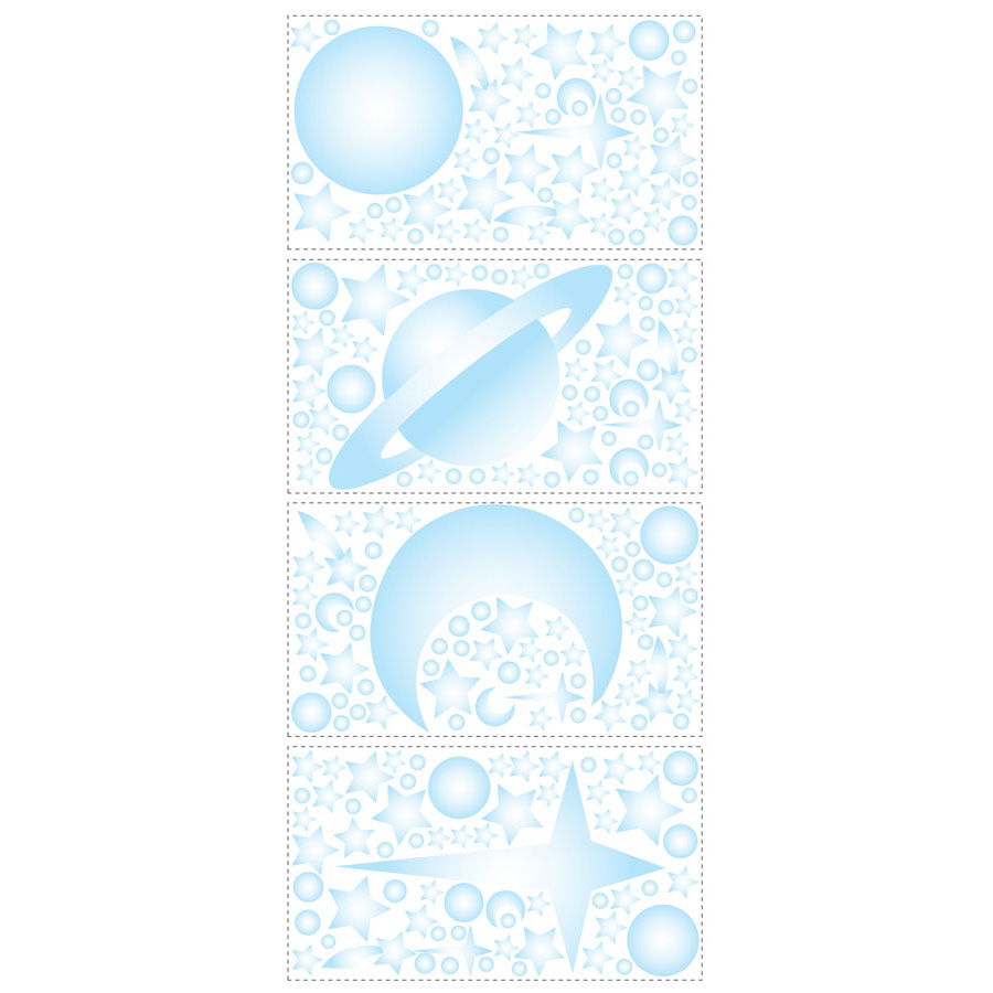 RoomMates wall decal Celestial, four decal sheets with planets, stars and moons on a white background