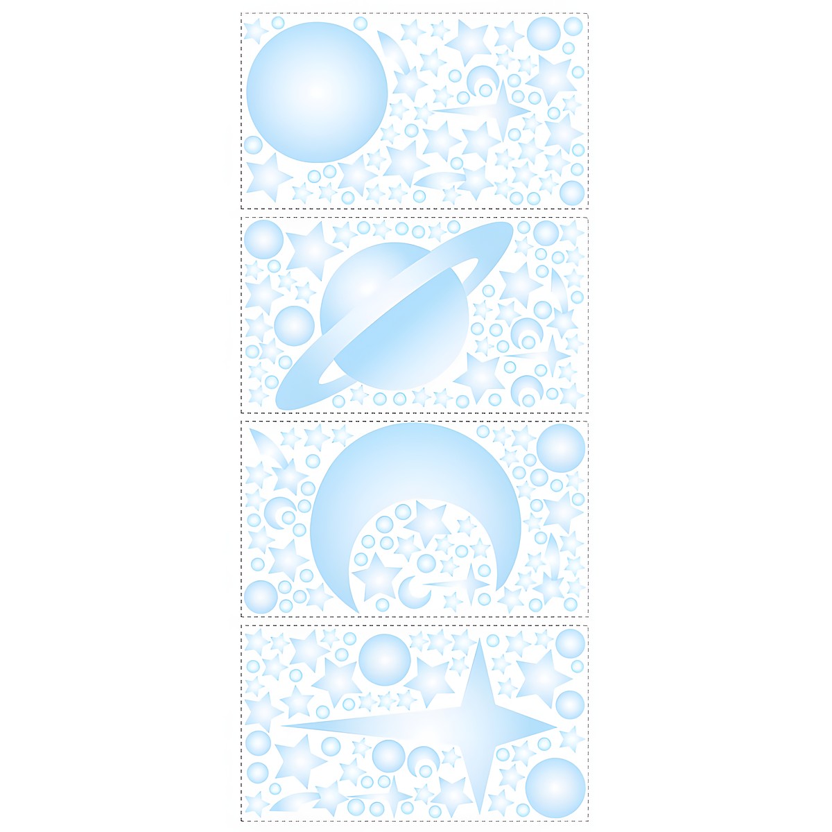RoomMates Wandsticker Celestial, vier Klebebögen mit Planeten, Sternen und Monden auf weißem Untergrund