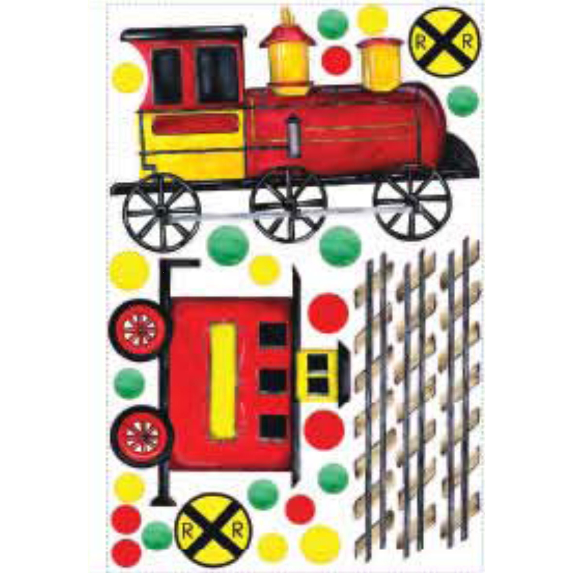 RoomMates wall decal All Aboard, decal sheet with a locomotive, railroad crossing sign, tracks and colourful dots on a white background