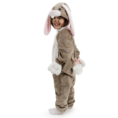Trudi Kinderkostüm Hase, seitliche Ansicht mit Kapuze, langen Hasenohren und weißem Puschelschwanz