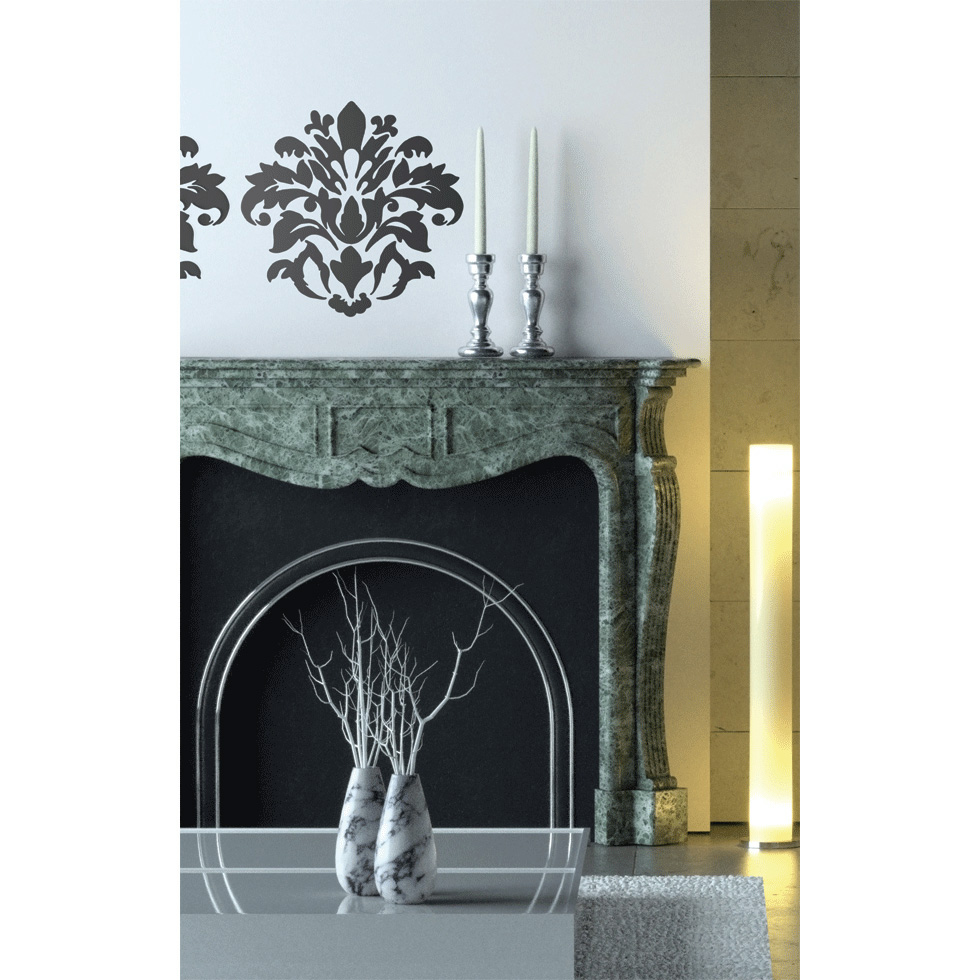 RoomMates wall decal Damask Peel & Stick, black damask ornament above a fireplace mantel with candle holders