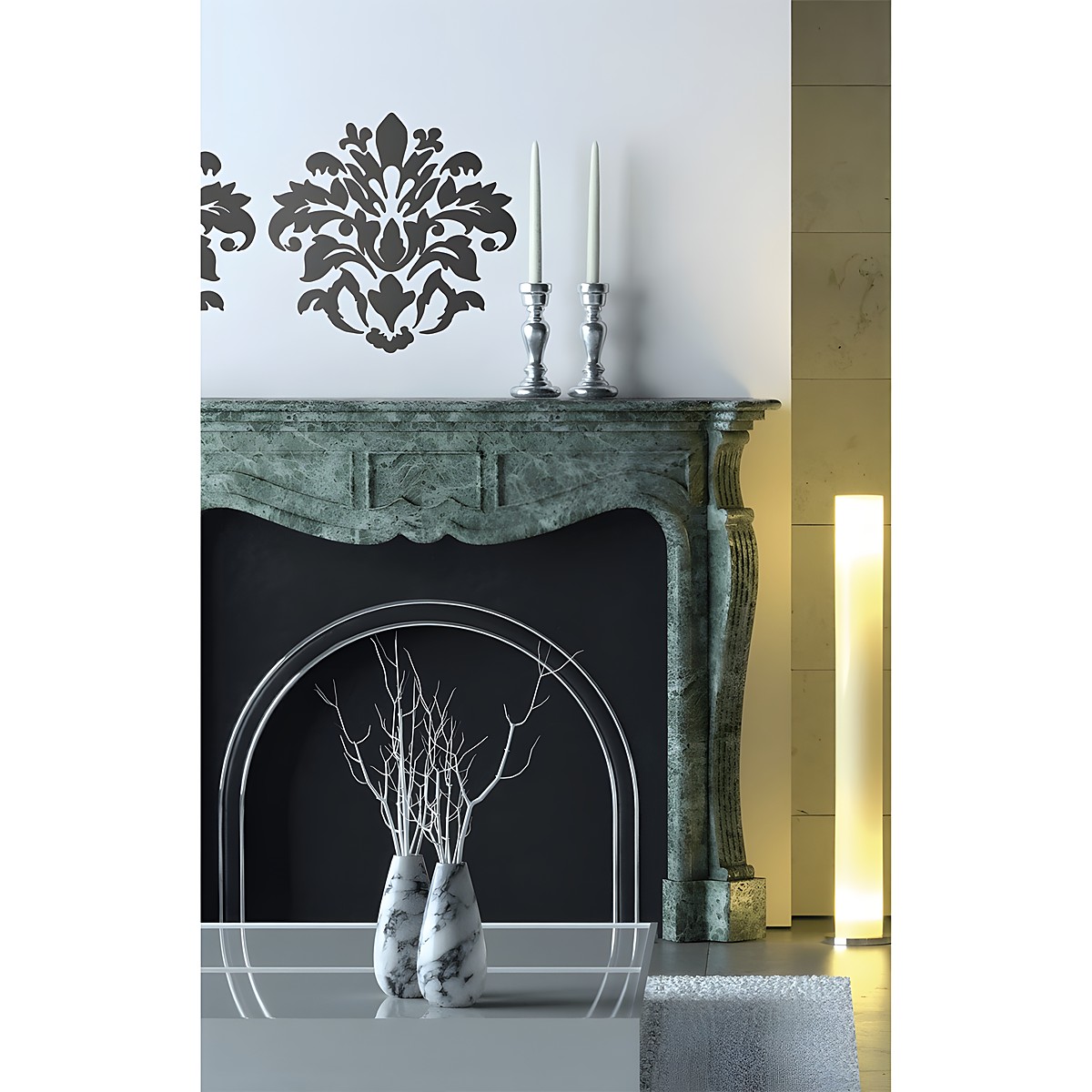 RoomMates Wandbild Damask Peel & Stick, schwarzes Damast-Ornament über einem Kaminsims mit Kerzenständern