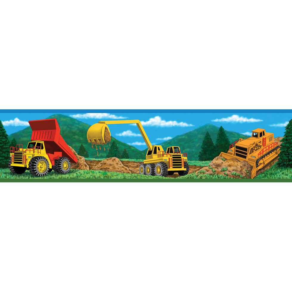 RoomMates border Under Construction, close-up of the border strip with a dump truck, excavator and bulldozer against a green hilly landscape