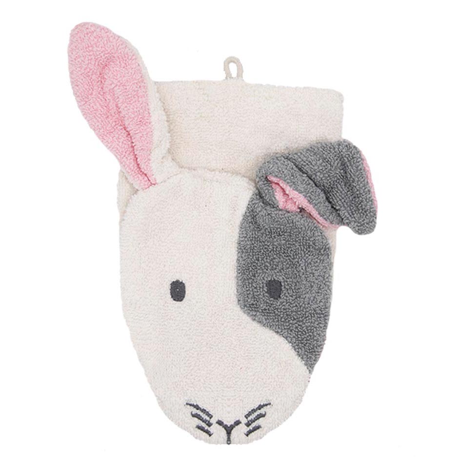 Fürnis Bio-Waschlappen Hase Henry, cremeweißes Gesicht, ein rosa und ein graues Ohr, gestickte Schnurrhaare